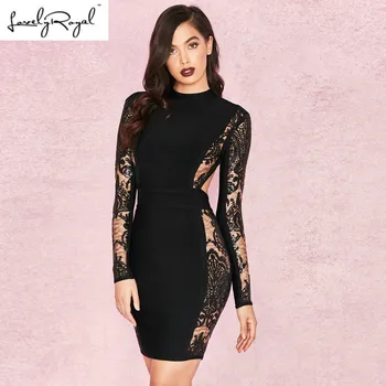

LoveyRoyal 2018 Bandage Dress Woman Sexy Clothing Long-sleeved Lace Openwork Halter Dress Female Star with Paragraph Dresses