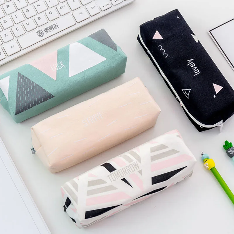 

Cute Fresh Geometric Series Pencil Case Canvas Fashion Triangle Pen Bag Pencil Case For Girls Stationery Office School Supplies