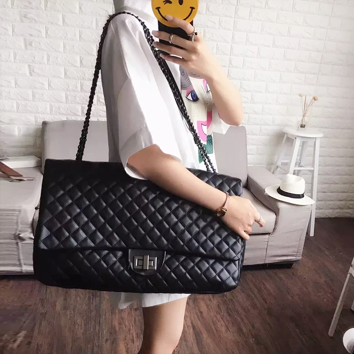 

Caker 2017 Large Diamond Lattice Bag Women PU Handbag Embroidery Shoulder Bag Maxi Messenger Black White Chian Travel Bags Bags