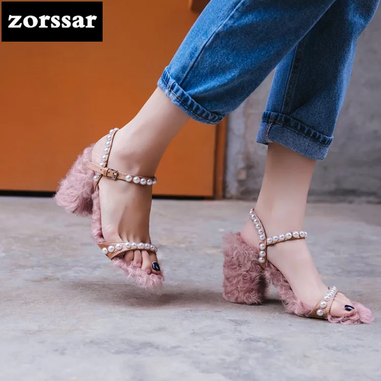 

{Zorssar} 2018 New Fashion Pearl Ankle Strap Heels Womens Sandals Summer Shoes Women open toe Fur Sandals Party Dress Shoes