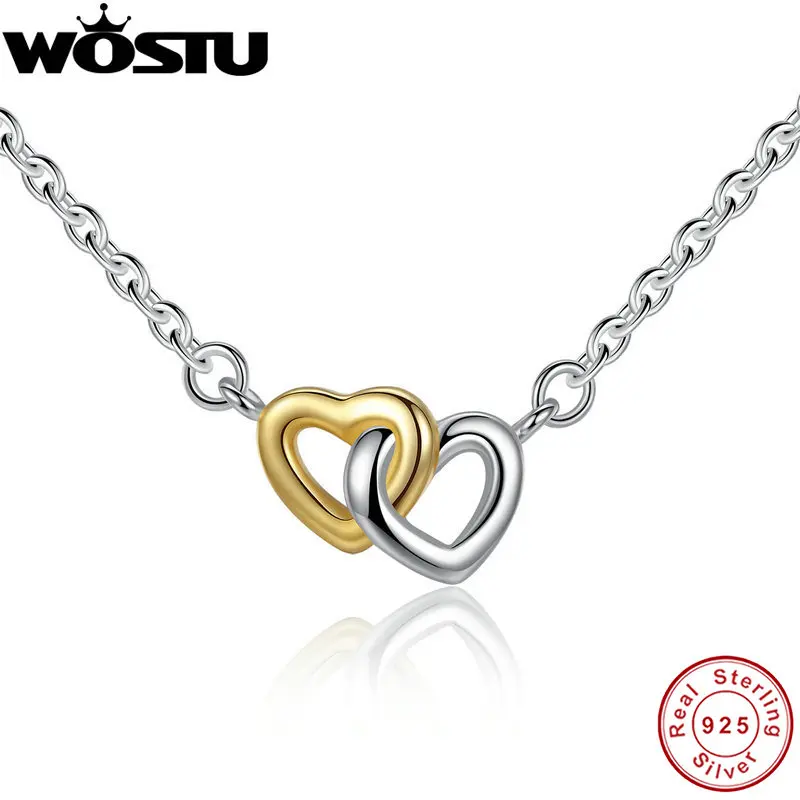 

100% Real 925 Sterling Silver & Gold Color United in Love Heart Pendant Necklaces For Women Lady Original Jewelry Lover Gift