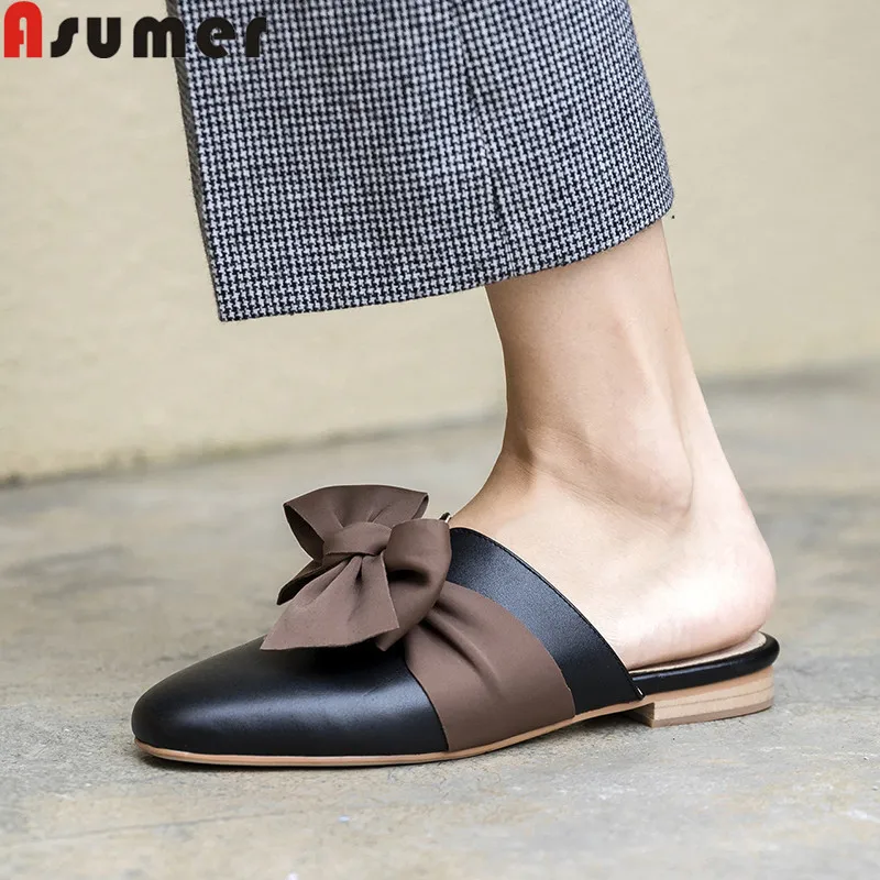 

ASUMER Casual summer new shoes woman square toe shallow mules shoes genuine leather shoes women butterfly knot flats women 2019