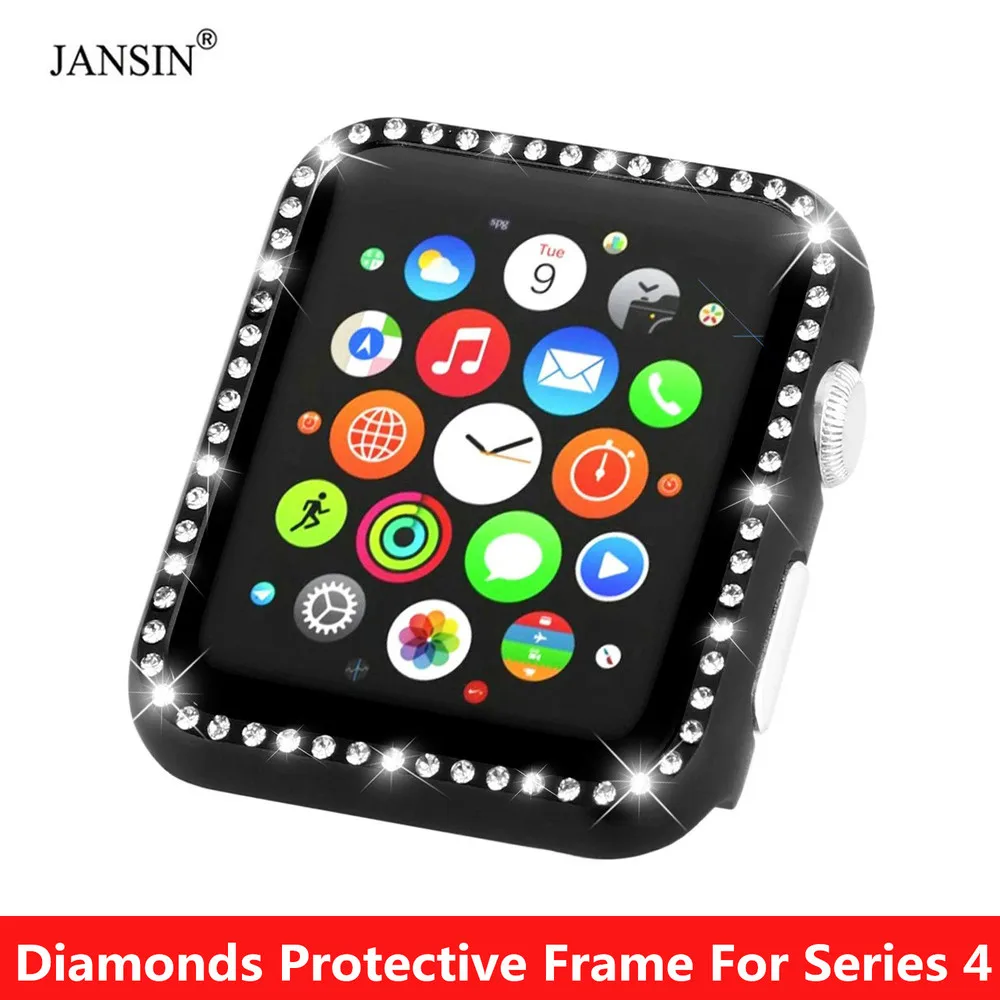 

JANSIN Diamonds Metal Protective Frame For Apple Watch Series 4 40mm 44mm Aluminum Alloy Frame Crystal Protective Cover Shell