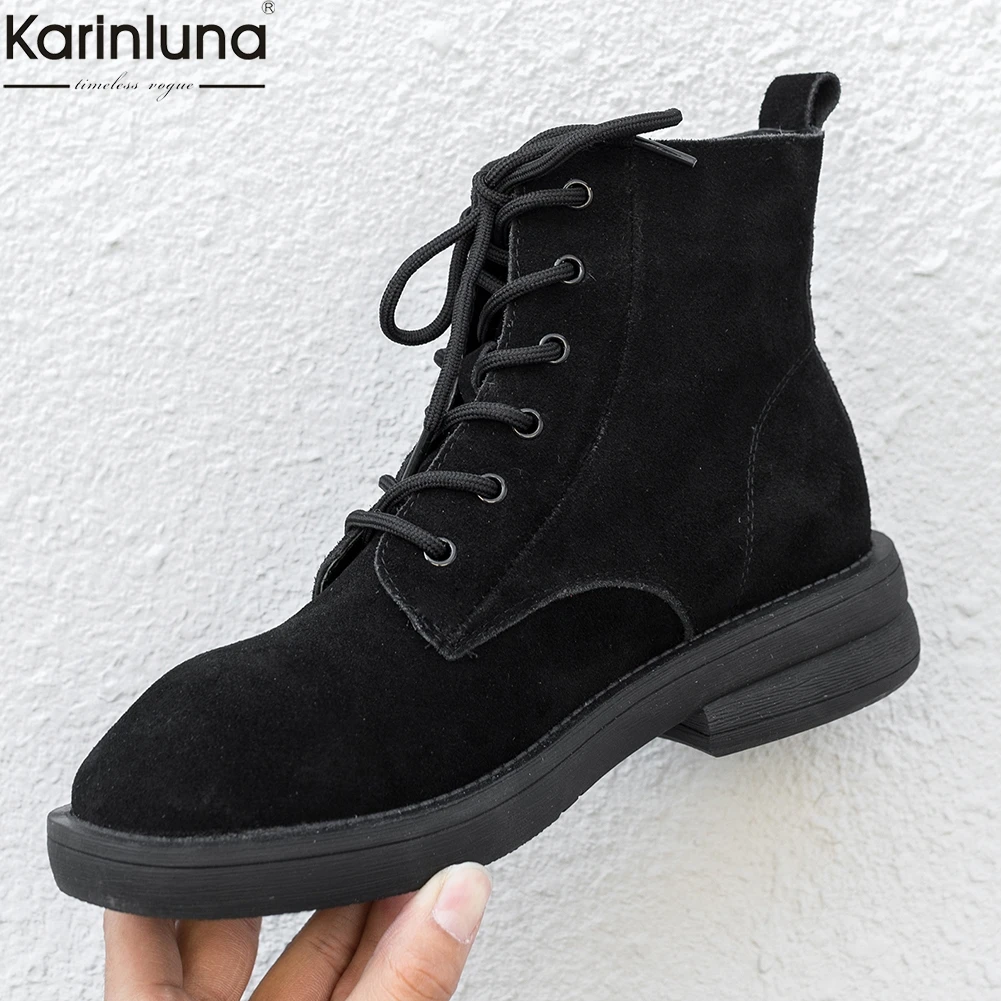 

Karinluna brand new dropship cow suede leather Boots Woman Shoes shoelaces fashion black red Shoes Women ankle Boots