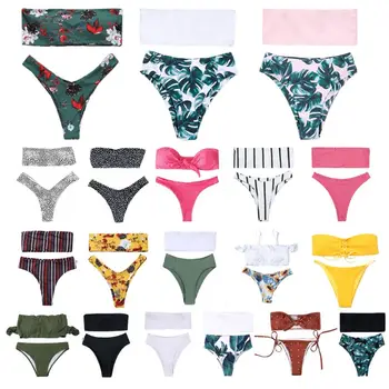 

19 Styles Womens Two Piece Bikini Set Off The Shoulder Strapless Bandeau Colorfed Bohemian Patterns Printed Swimsuit High Waist