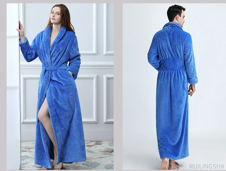 Men Women Winter Extra Long Thicken Grid Flannel Warm Bath Robe Luxury Soft Thermal Bathrobe Mens Dressing Gown Male Sexy Robes