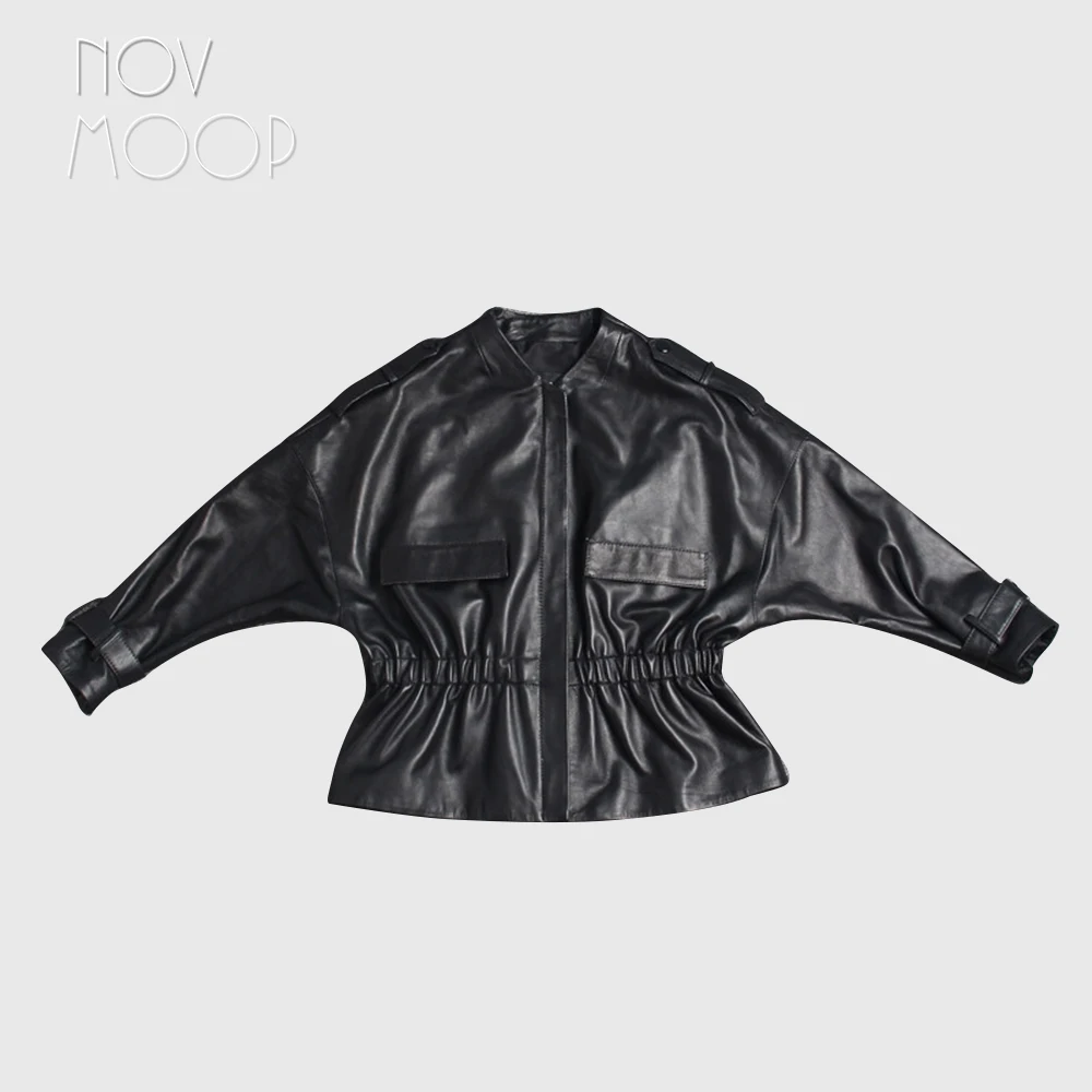 

Women black genuine leather top grade lambskin jacket coat ruched waist Batwing sleeve outwear casaco feminino ropa LT2465