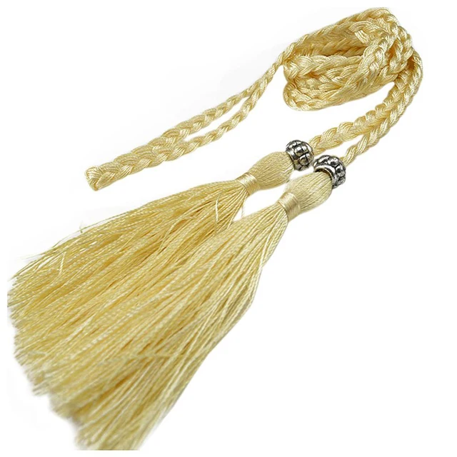 Women Waist Belt Rope Chinese Style Braided Woven Tassel Thin Belt Female Knot Decorated Waistband Hot Casual Solid Black Belts Light Yellow