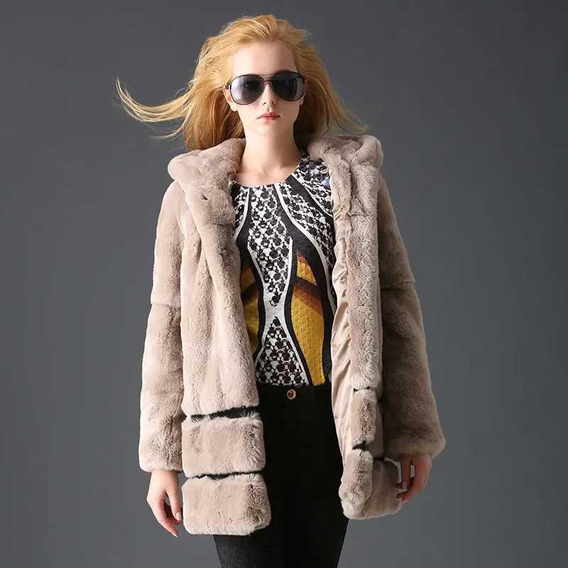2017 New Genuine Rex Rabbit Fur Overcoats Womens Real Fur Coat with