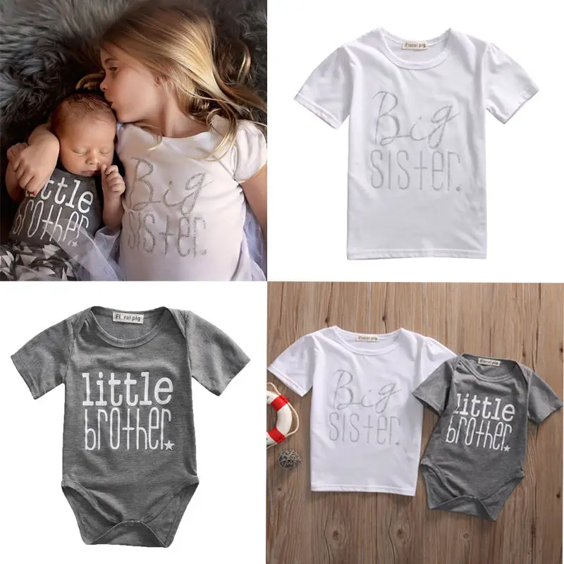 Pudcoco Big Sister Little Brother Match White T-shirt Graphic tees Gray Bodysuit Cotton Summer | Мать и ребенок