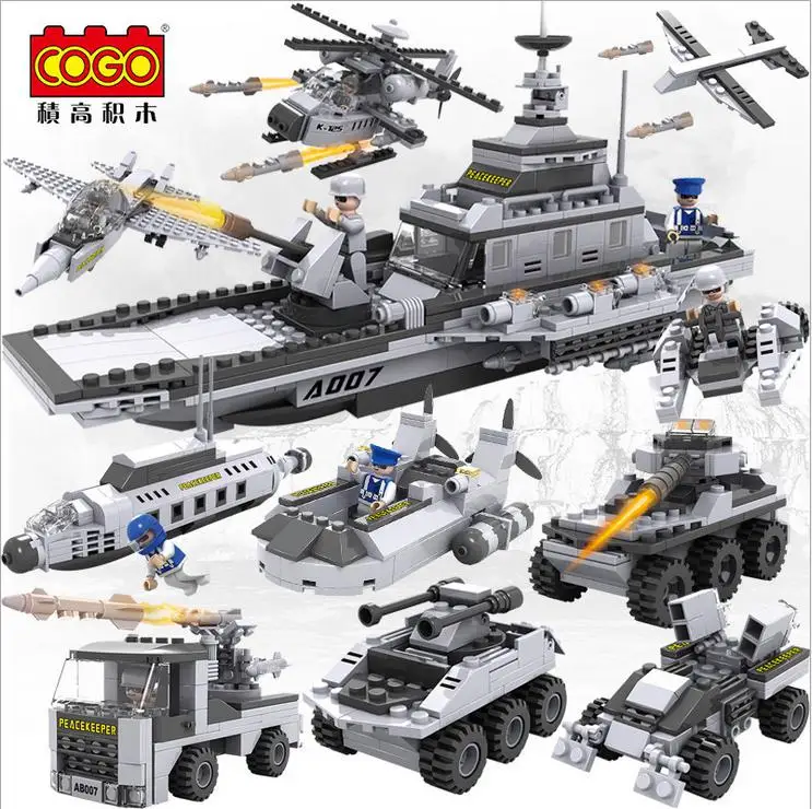 

COGO Building Block 8 In 1 Military Helicopter Tank Warship Car Action Figure Education Toys Model Brinquedos Gift for children