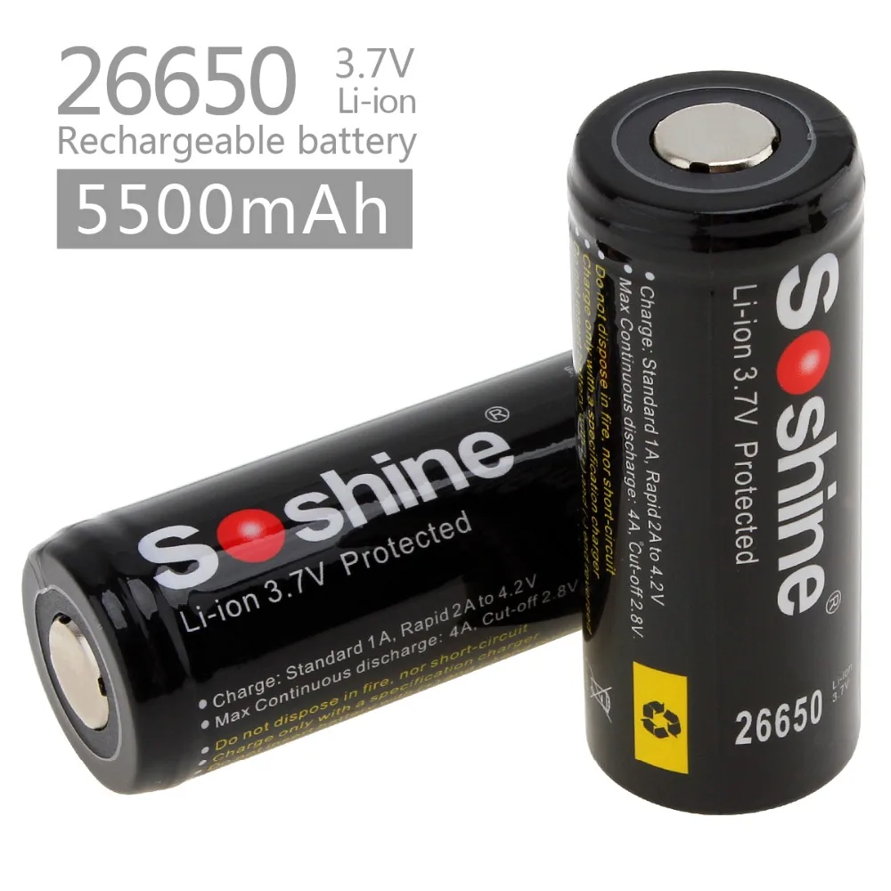 Kaufen 2 stücke Soshine 3,7 V 5500mAh Große Kapazität 26650 Li Ion Akku mit Geschützt PCB für LED Taschenlampen  scheinwerfer