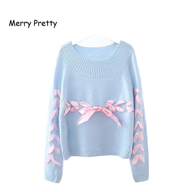 

Merry Pretty Autumn Winter Women Sweaters Sister Lace Up Ribbons Preppy style Lovely Cute Knit Pullovers Solid Pink Crop Sweater