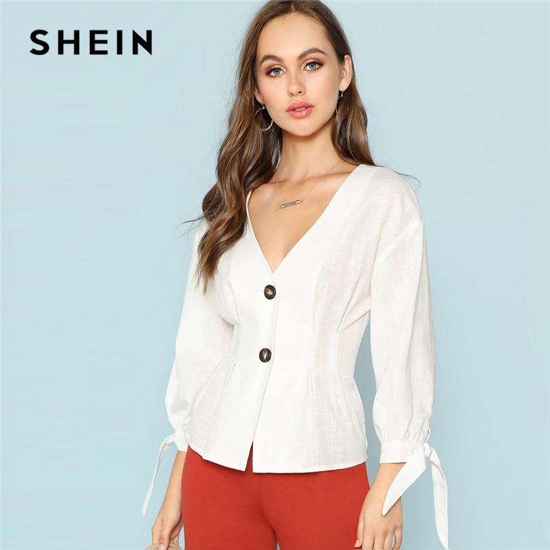 Tanie SHEIN Biały Knot Mankiet Przycisk Up Bluzka Urząd Lady V Neck 3 4 Rękaw Bawełna Top Kobiety Jesień Zwykły Elegancka Odzież Robocza koszula Topy