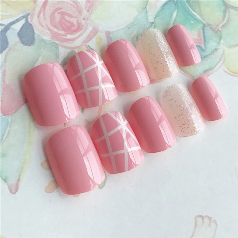 

Elegant 24pcs/set Pink+white five-pointed star glitter design false nails Middle-long size lady full nail tips Patch art tool
