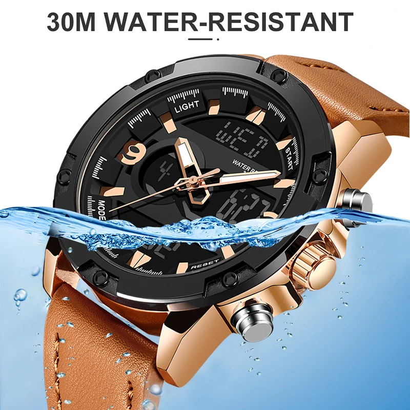  LIGE New Mens Watches Top Luxury Brand Men Leather Sports Watches Men's LED Digital Quartz Clock Wa