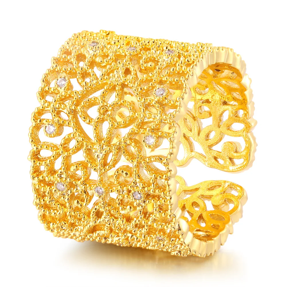 Electroplated Genuine Gold Zircon Open Ring Ajustable for Women Lady