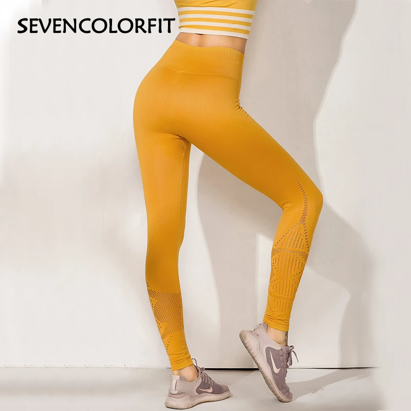 Sevencolorfit, выдалбливают, бесшовные леггинсы, вязаные, желтые, розовые, черные,, женские, высокая талия, штаны для йоги, фитнеса, тренировки, Гибкие Леггинсы