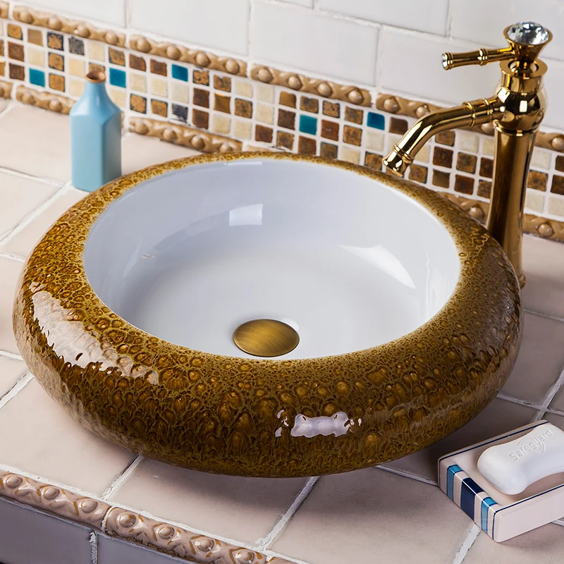 China Artistic Handmade Ceramic Bathroom Sinks Lavobo Round Counter top