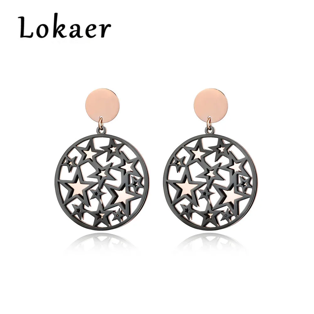 

Lokaer New Arrive Rose Gold Color Black Double Hollow Stars Titanium Steel Women's Earrings Female Patry Gift E170650366R