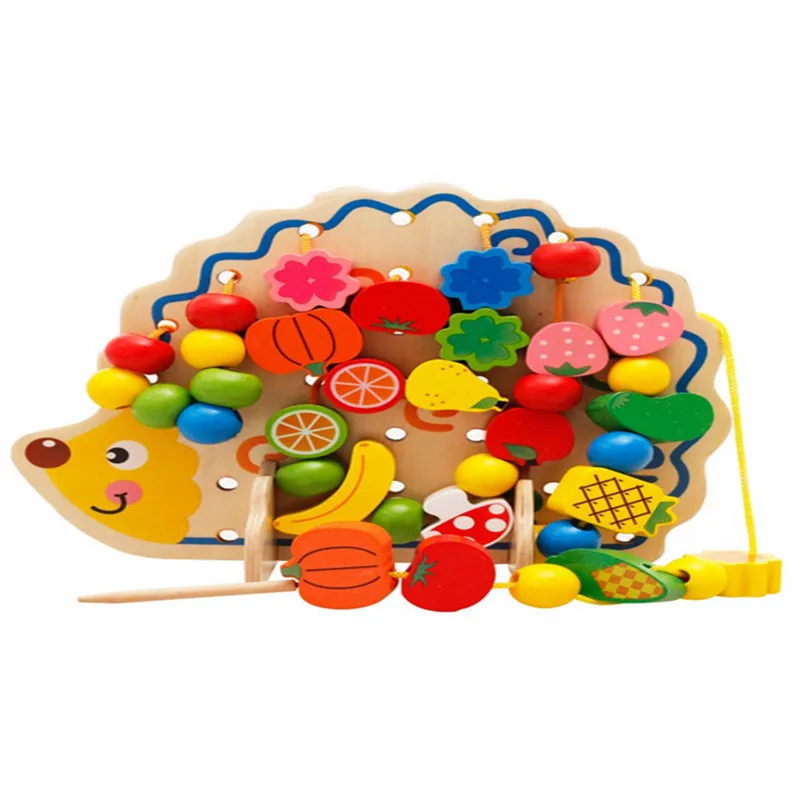 Wooden Fruits and Vegetables Lacing Stringing Beads Toys with Hedgehog Board for Toddlers Kids Children (14)