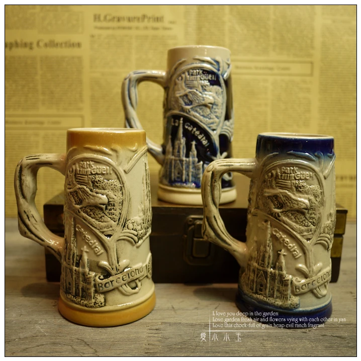

3 Color Ceramic German Beer Mug Round Mark Barcelona Hand Painted Mugs Embossed Pattern Coffee Cup 11*12cm