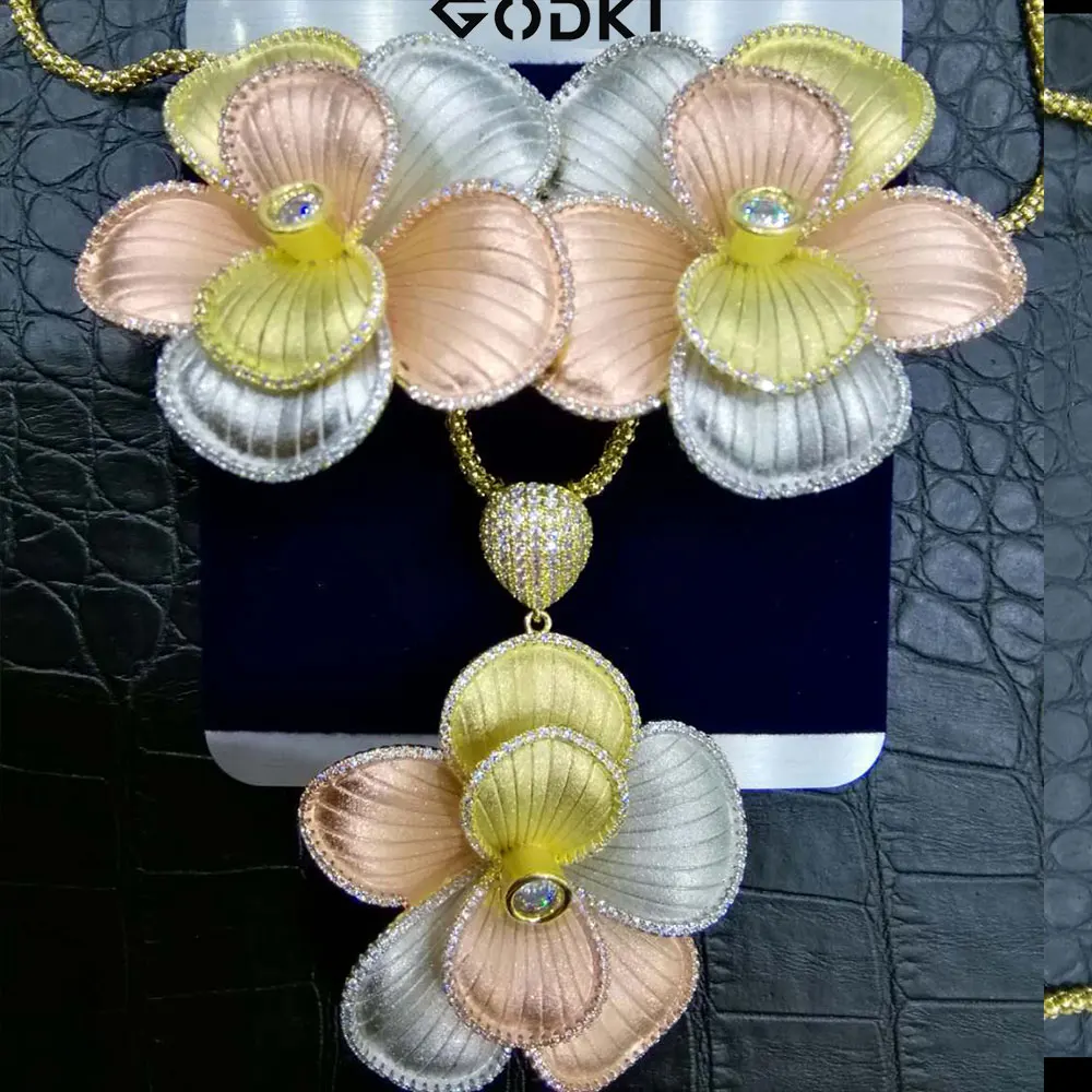 

GODKI Luxury Exclusive 2 Tone Flower Luxury Women Wedding Naija Bridal Cubic Zirconia Necklace Earring Dubai High Jewelry Sets