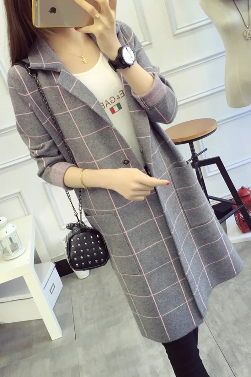 ^Cheap High Quality Long Cardigan Women Sweater 2017 New Autumn Winter Long Sleeve Knitted Plaid Cardigans Female Tricot Tops