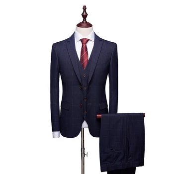 

2019 new men's plaid striped three-piece wedding party male suit jacket with pant and vest S-4XL blue gray Blazers
