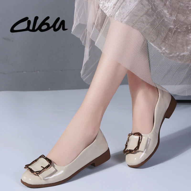 

O16U Women Ballerina Flat Shoes PU Slip on Loafers Round toe Ruffles Party ladies ballet flat Shoes Black Patent Flats Women