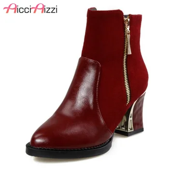 

ZALAVOR Size 34-48 Sexy Women High Heel Boots Zipper Ankel Boots Warm Shoes Women Thick Heels Boots Lady Women Footwears