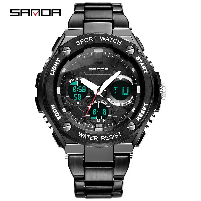SANDA новые мужские спортивные часы, мужские Кварцевые светодиодный цифровой часы с двойным дисплеем, мужские наручные часы из нержавеющей стали, мужские часы - Цвет: Black