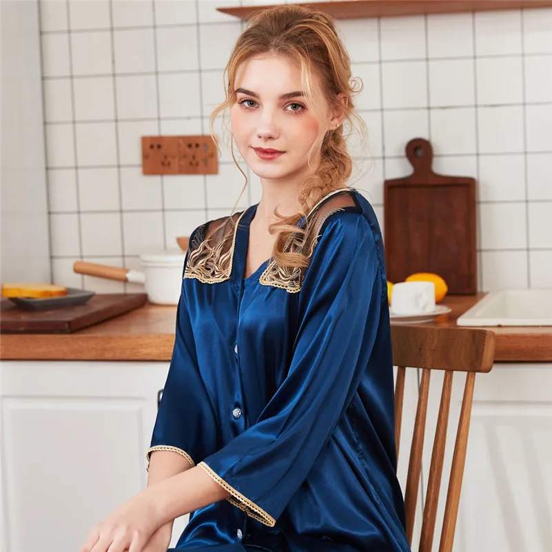 Женская летняя Пижама с рукавом 3/4 кружевное лоскутное ночное белье Атласный топ