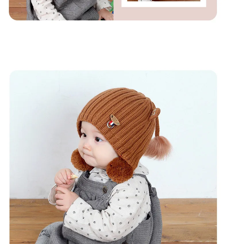 New Baby Knit Hat Autumn And Winter Thickening Female Baby Winter Hat  With Hair Ball Newborn Wool Hat Out Of The Ear Cap GCG42 (7)
