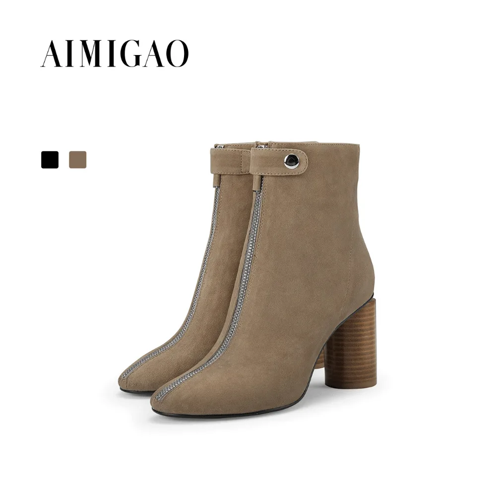 

AIMIGAO suede leather fashion ankle boots para mulheres round toe Thick heel zipper buckle shoes woman 2017 autumn winter new