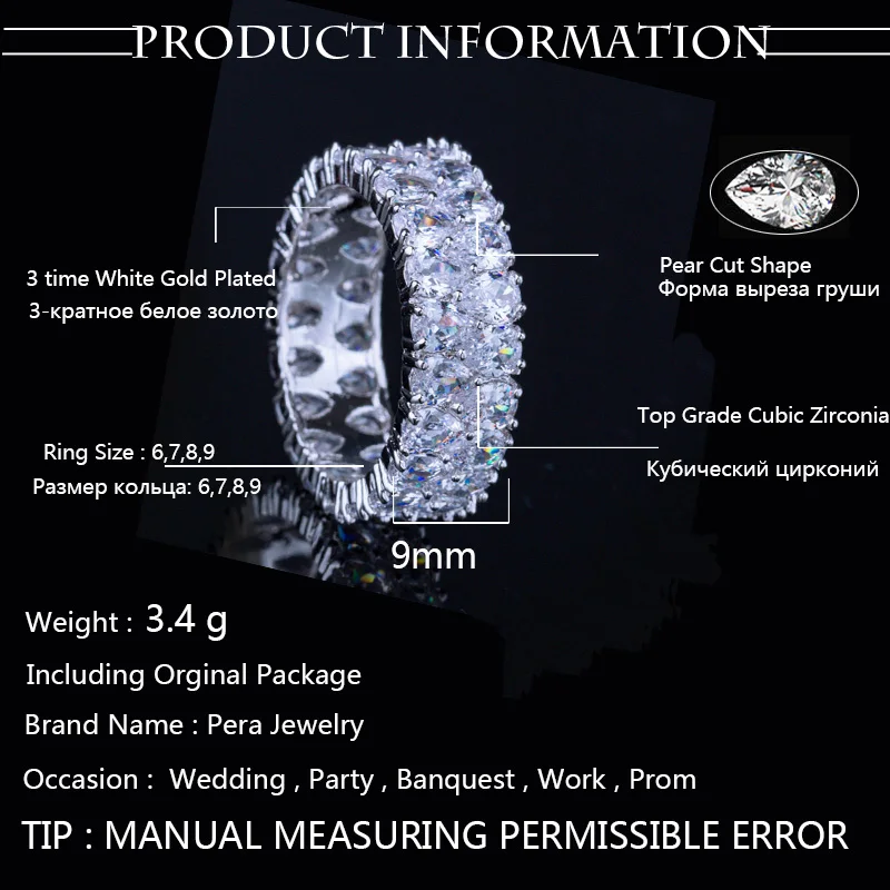 Пера высокое качество полный сверкающих ААА+ Груша Форма кубического циркония микро проложить большой Обручение вечерние кольца ювелирные изделия для Для женщин R075