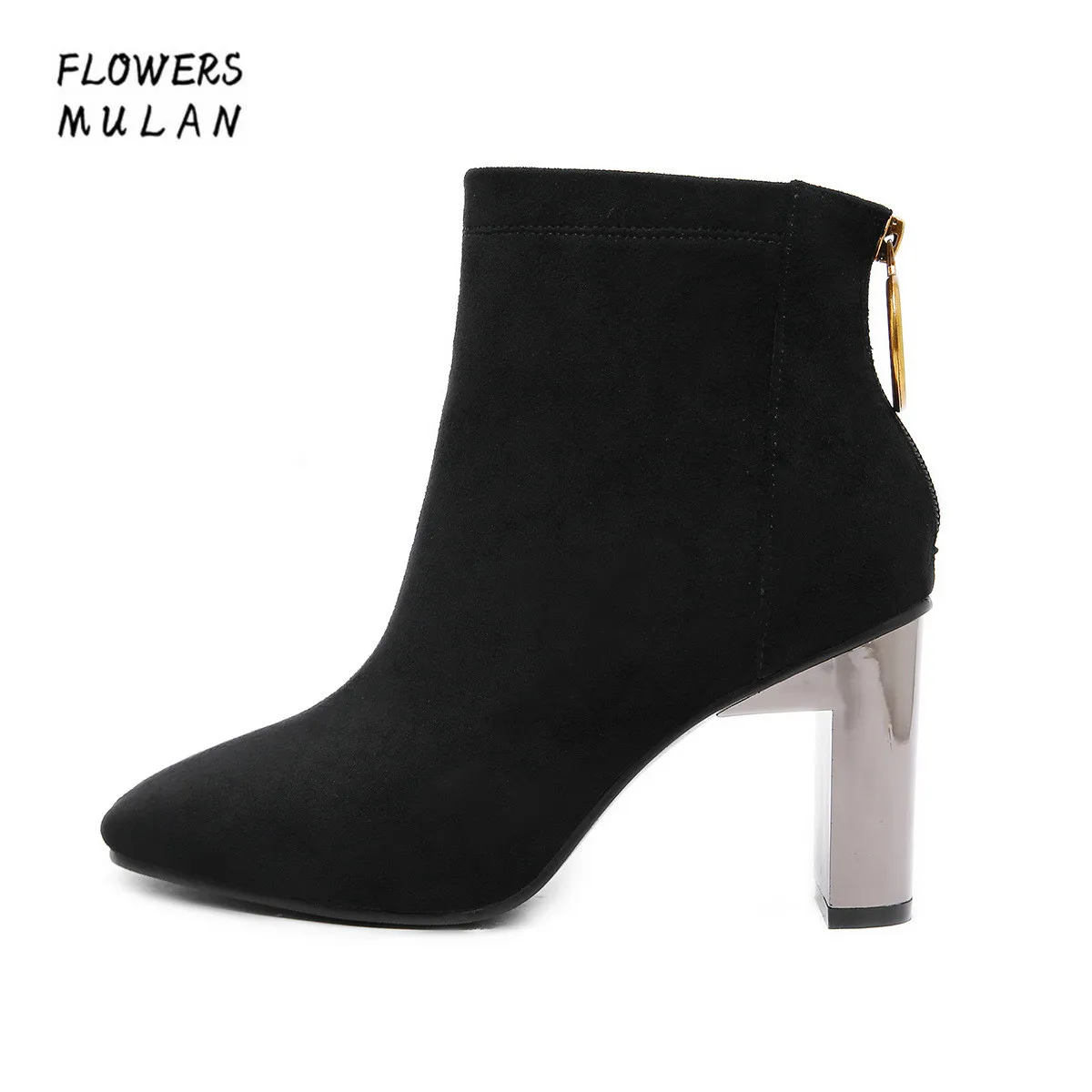 

Cool British Concise Women Ankle Boots Square Toe Suede Upper Elegant All Match Lady Nude Boots Back Zip With Gold Metallic Ring