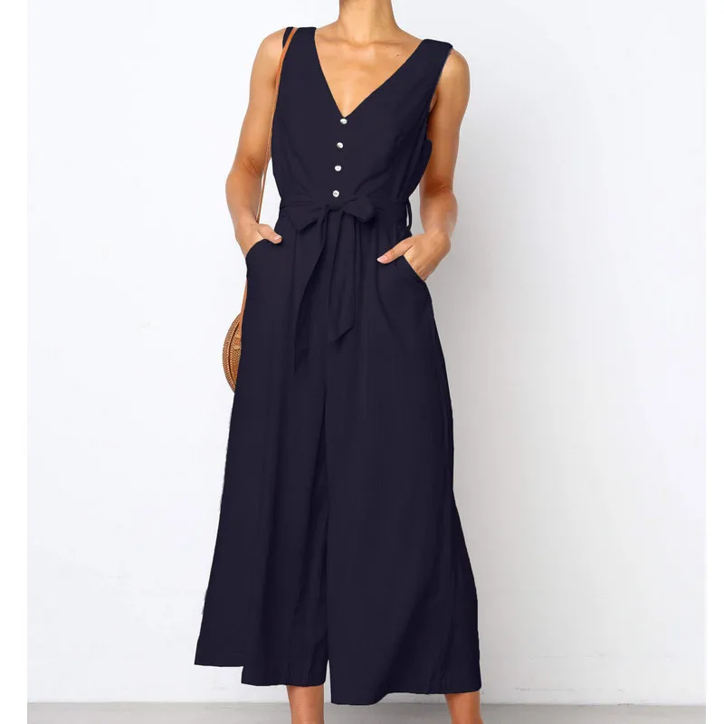 Женская костюм-комбинезон 2019 летние широкие Длинные Playsuit женские, повседневные, свободные с v-образным вырезом Летний комбинезон высокая
