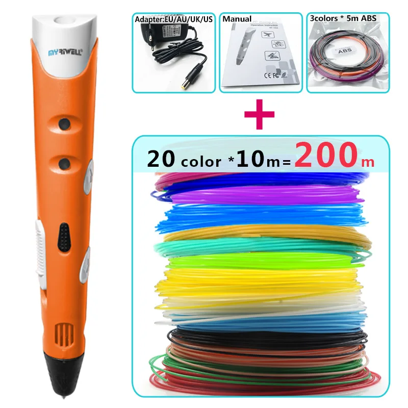 myriwell 3d ручка для рисования 1,75 мм ABS / PLA нить 3д ручка 3d pen 3d pens Предназначен для детских подарков 3d-ручка 3 д ручка 3д триде ручка 3 d ручка 3Д РУЧКА 3d печать ручка 3 д ручки 3d пера 3д ручку 3d kalem - Цвет: and 20 color x 10m