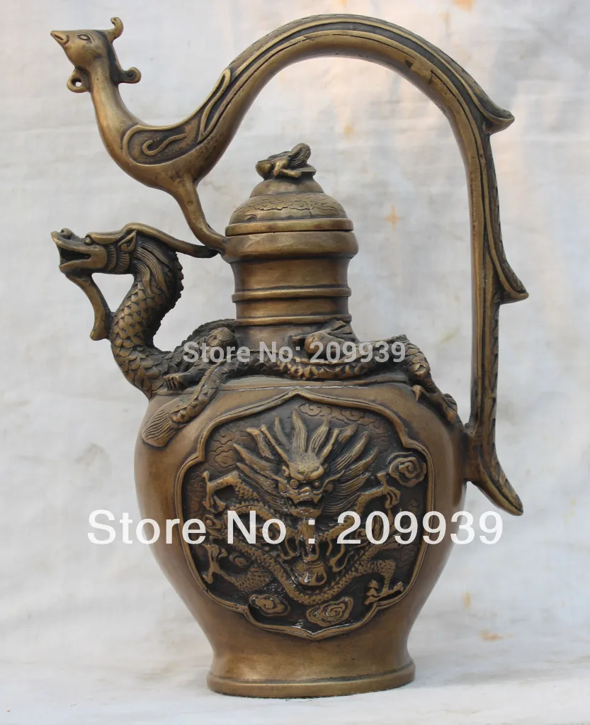 

huij 00172 12"China Chinese Fengshui Bronze Animal Dragon and Phoenix Wine Tea Pot Flagon