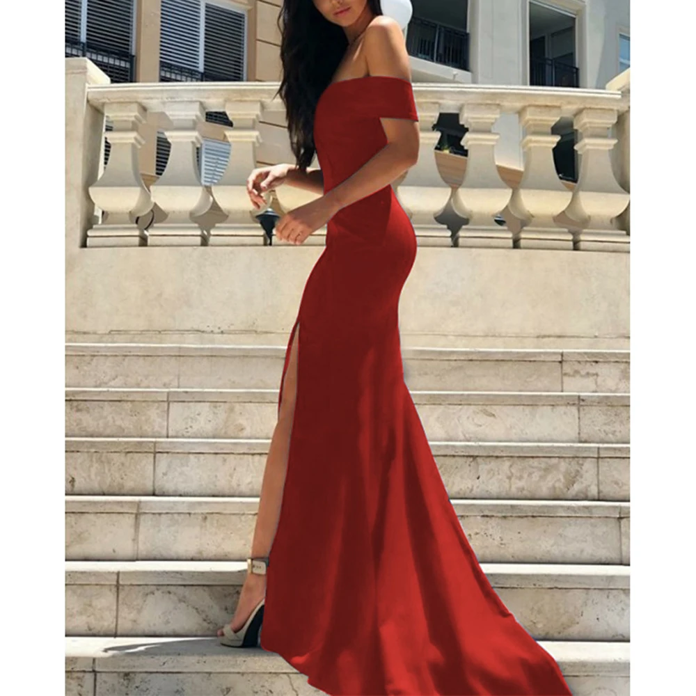 

Deep V-Neck Off Shoulder Gown Formal Dress Women Sexy High Split Slim Floor Party Maxi Dress Solid Red Harajuku Summer Elegant