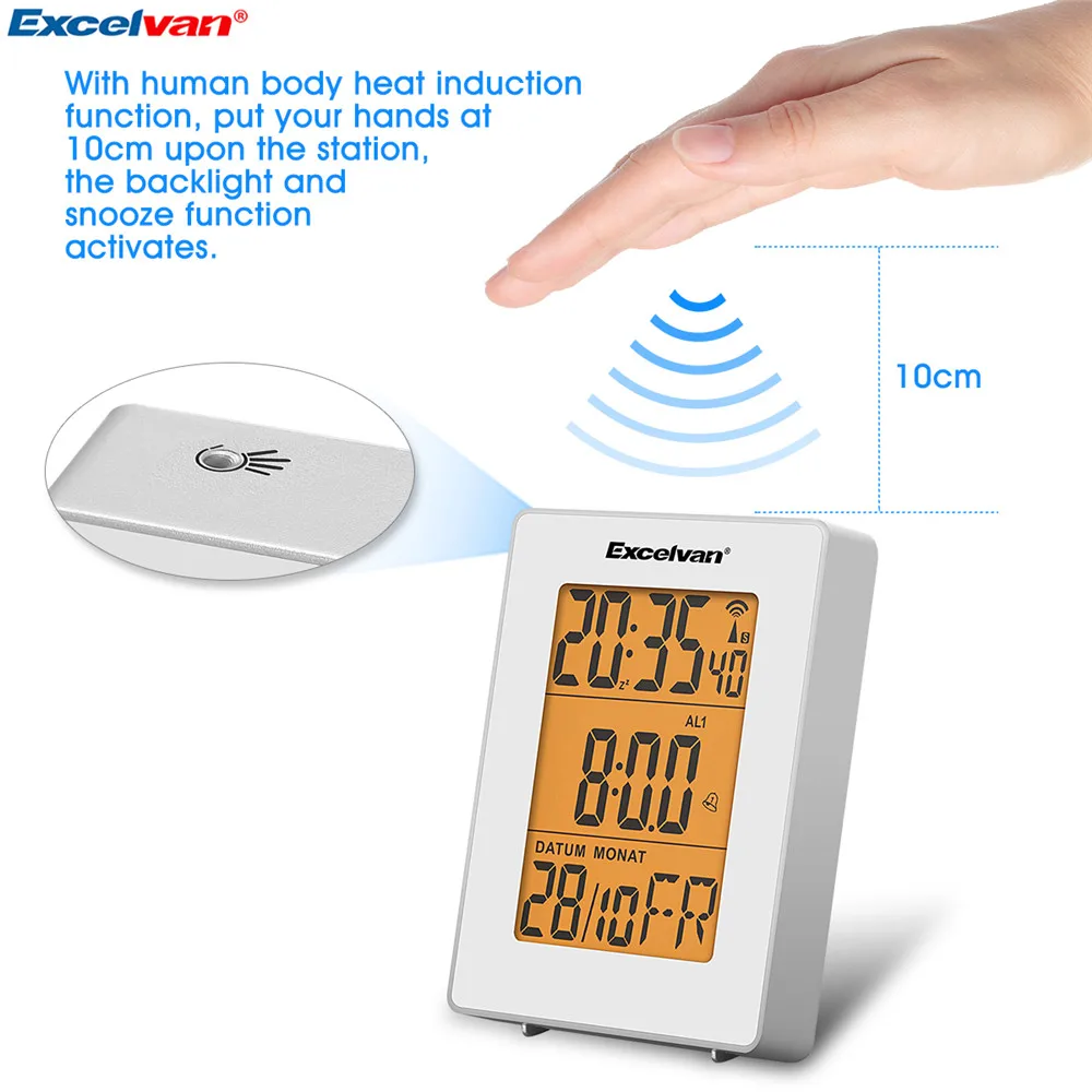 Excelvan Digital Precision Radio Controlled Alarm LCD Display in Orange Backlight Wall Moutable Desk Stand Clock Thermometer04
