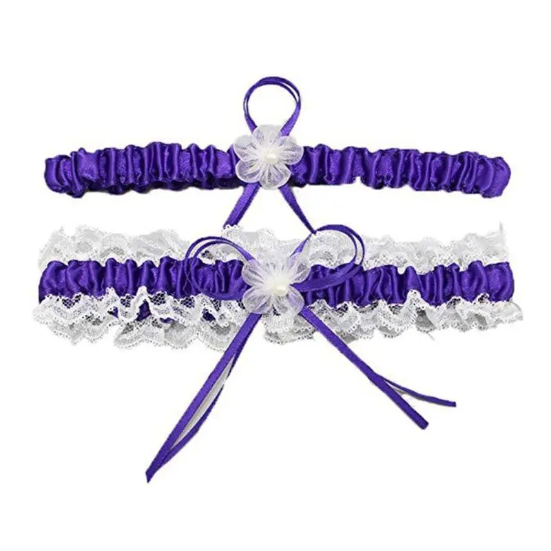 8 цветов, Свадебный комплект с подвязками для невесты, плиссированные оборки, кружевной бант, цветы, имитация жемчуга, эластичное кольцо на ногу, вечерние подарки - Цвет: Purple