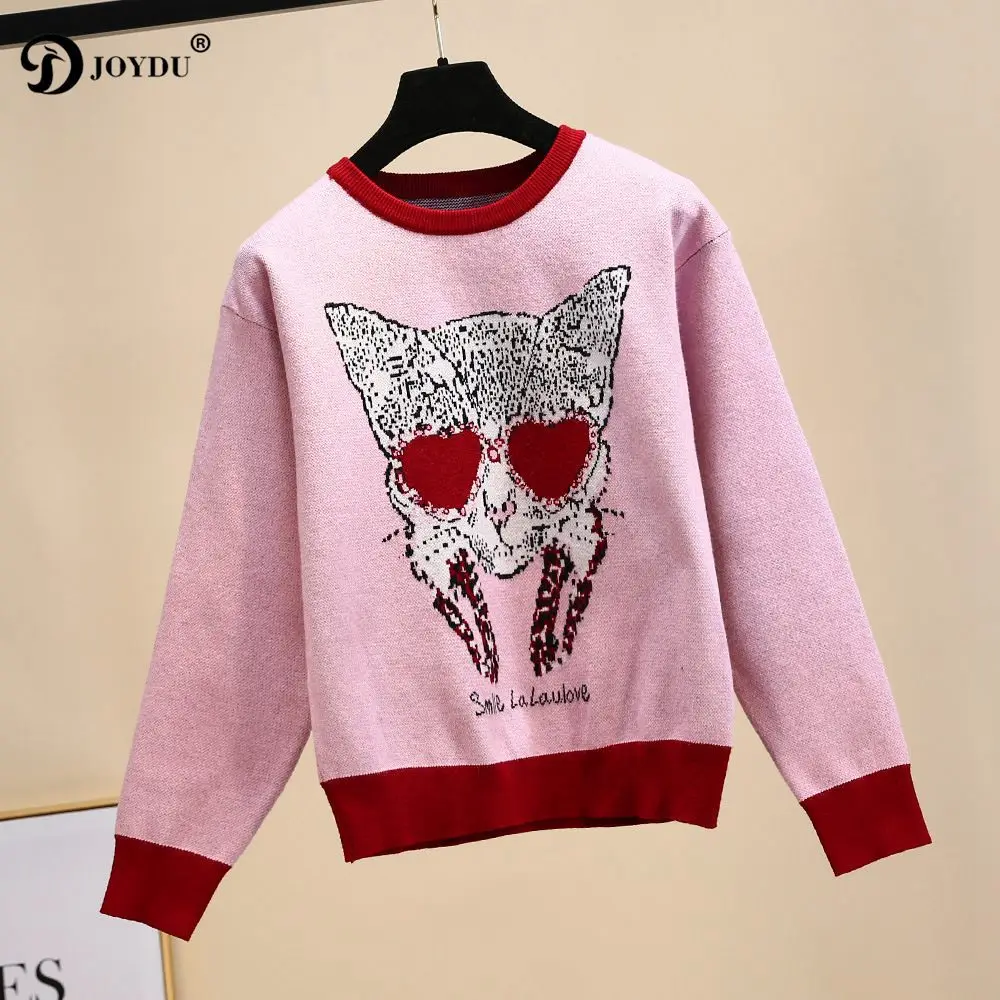 

JOYDU O-neck Patchwork Long Sleeve Sweet Winter Sweater Women Jumper 2018 Cat Love Jacquard Knitted Pullover Sweaters Runway Top