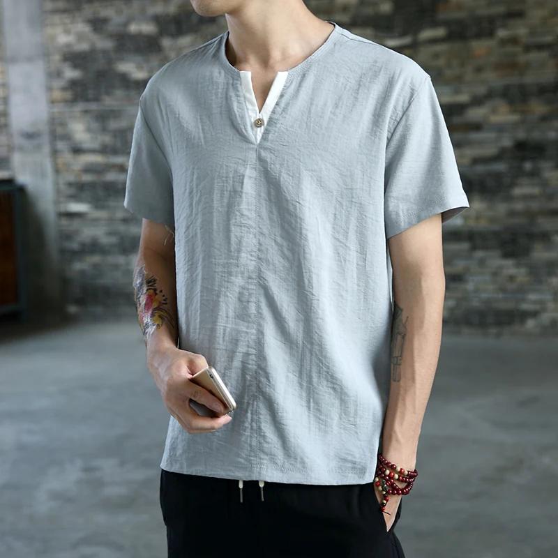 

Chinese Style Male T-Shirt Back Printing Linen Men's T-Shirts V Neck Black White Gray Man's Short-Sleeved T-Shirt