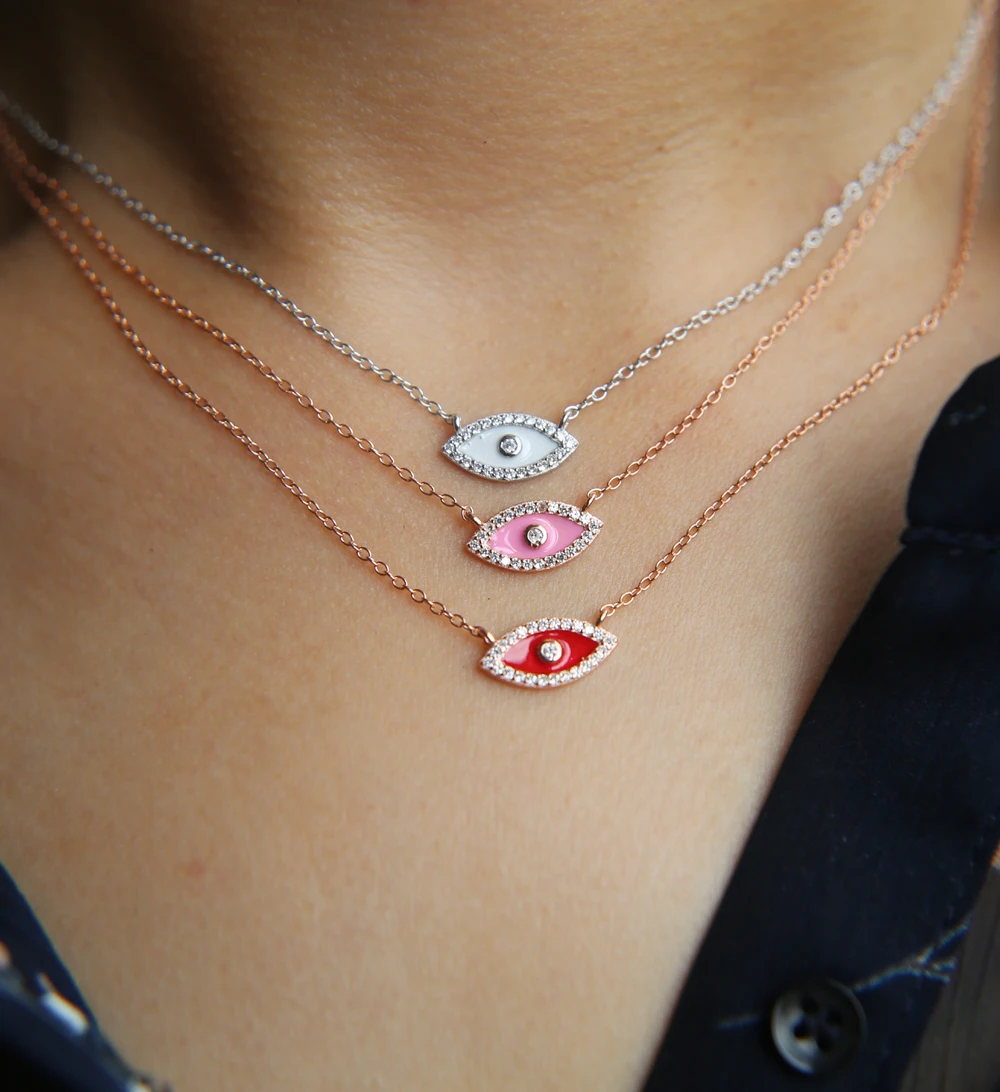 Свадебное ожерелье, эмаль, различные цвета, с фианитами, набор, подвеска "сглаза", Настоящее серебро 925 пробы, изысканное турецкое ожерелье для девочки, подарок