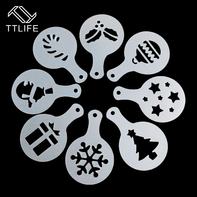 

TTLIFE 8pc Christmas Style Coffee Barista Art Stencils Cafe Foam Spray Cake Duster Template Cappuccino Carving Printing Mold
