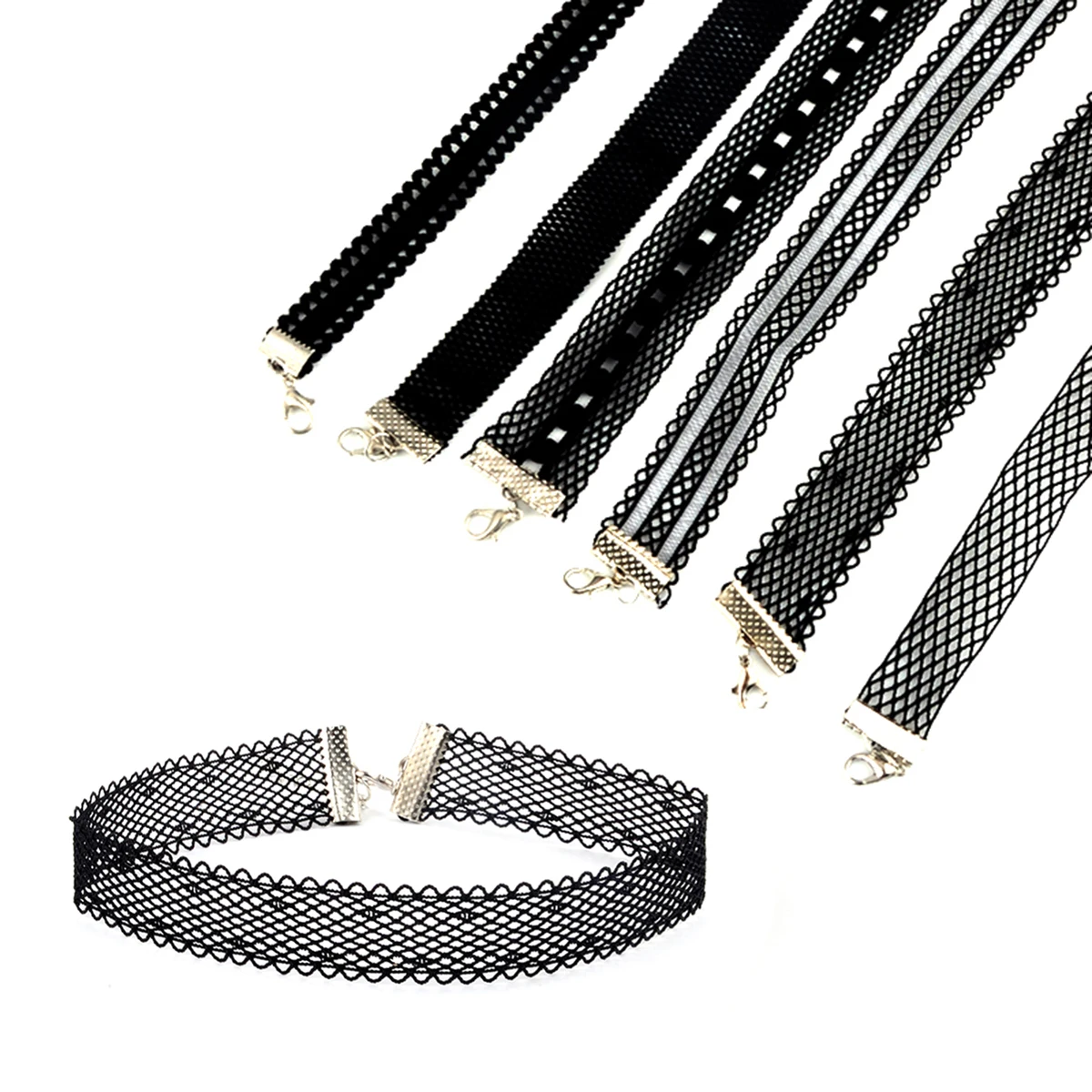 6pcs/Set Gothic Black Fishnet Mesh Velvet Tattoo Lace Collar Choker Necklace