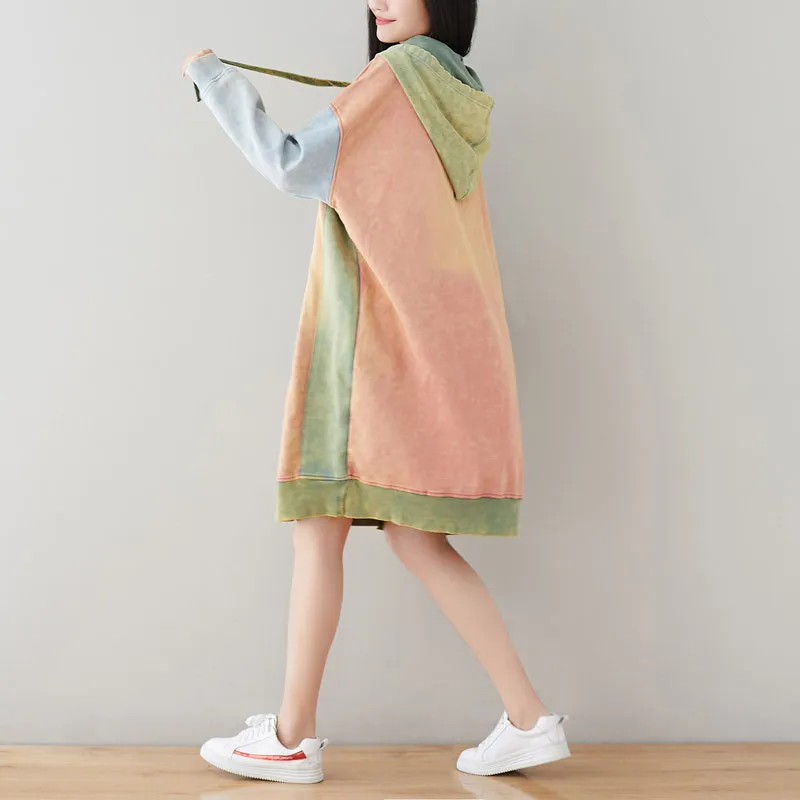 Над размером с капюшоном платье японский Harajuku лоскутное длинные толстовки Толстовка повседневные трикотажные свободные пуловеры размера плюс Ретро Халат