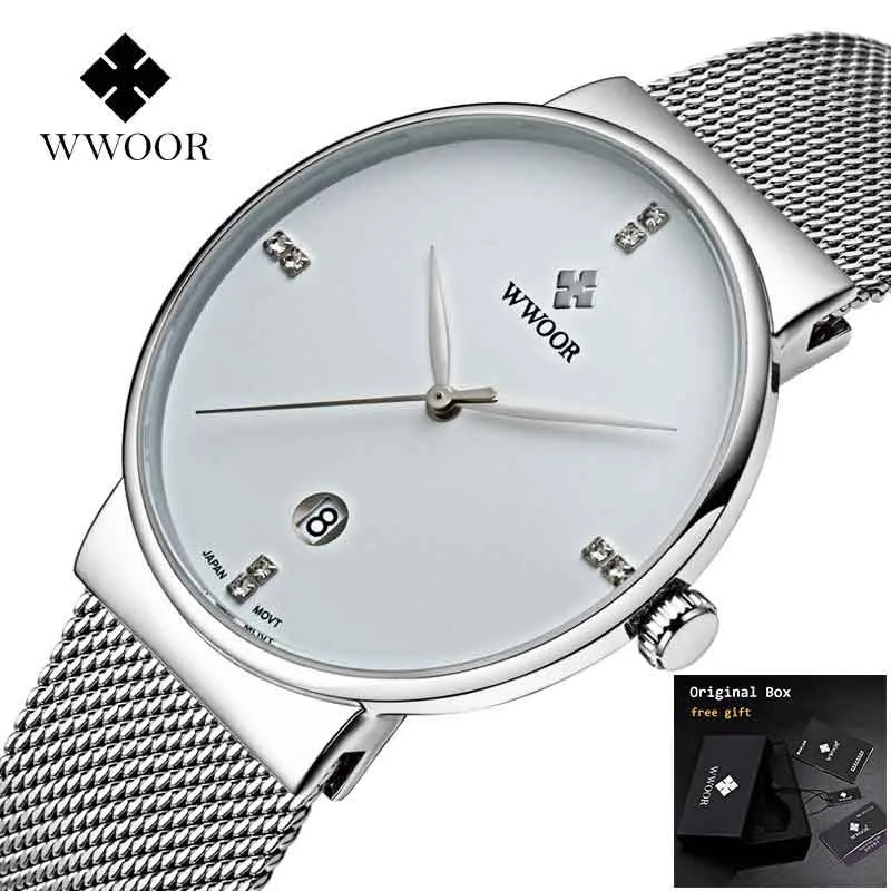 

WWOOR 2019 Mens Watches Top Brand Luxury Silver Watch Men Simple Diamond Watches Stainless Steel Male Watches zegarek meski